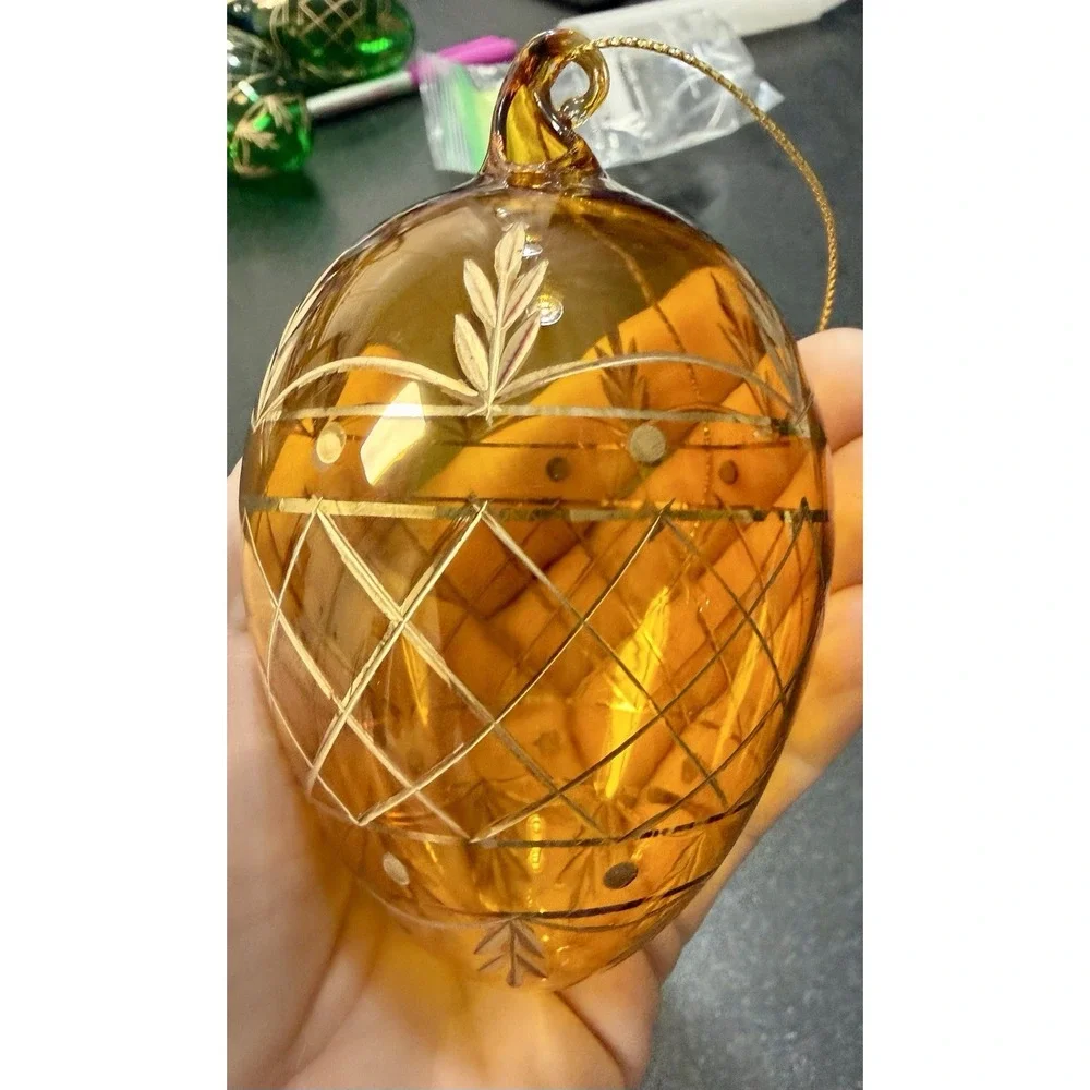 Vintage Hand Painted Blown Glass Christmas Ornaments Gold Lattice Lot of 3 Mint